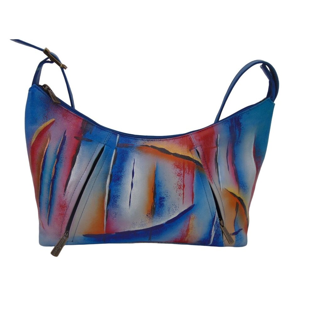 Anuschka Leather Abstract Lines Shoulder Hobo Purse Handbag Shimmer  Blue Pink